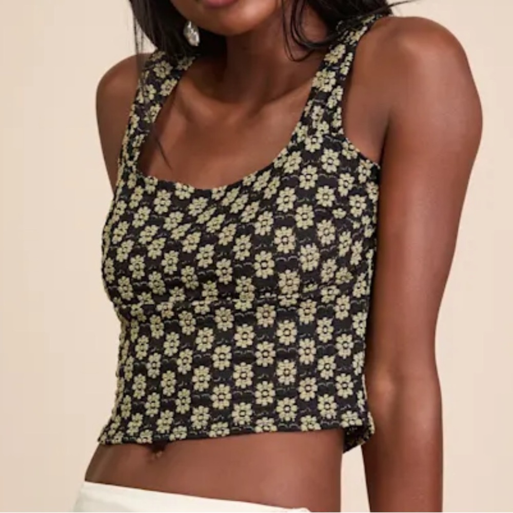 Black and Yellow Floral Textured Crop Tank